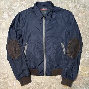 Prada Sport Jacket Mens 48 Blue Nylon Windbreaker Lambskin Elbow Patch SGH213
